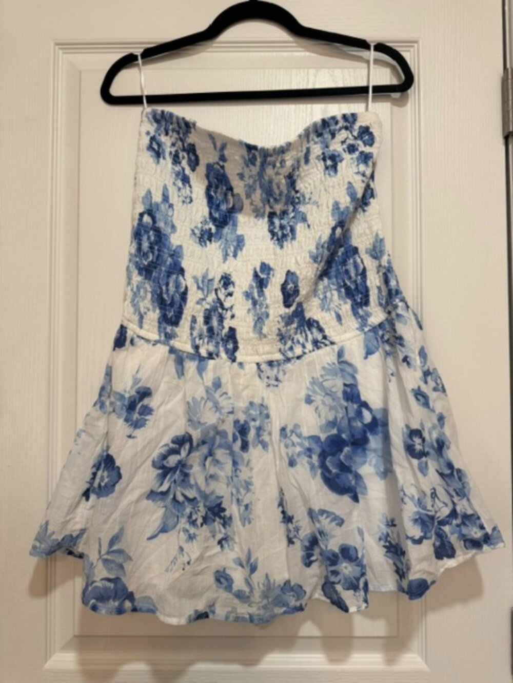 Hollister Blue White Floral Strapless Smocked Mini Dress XL
